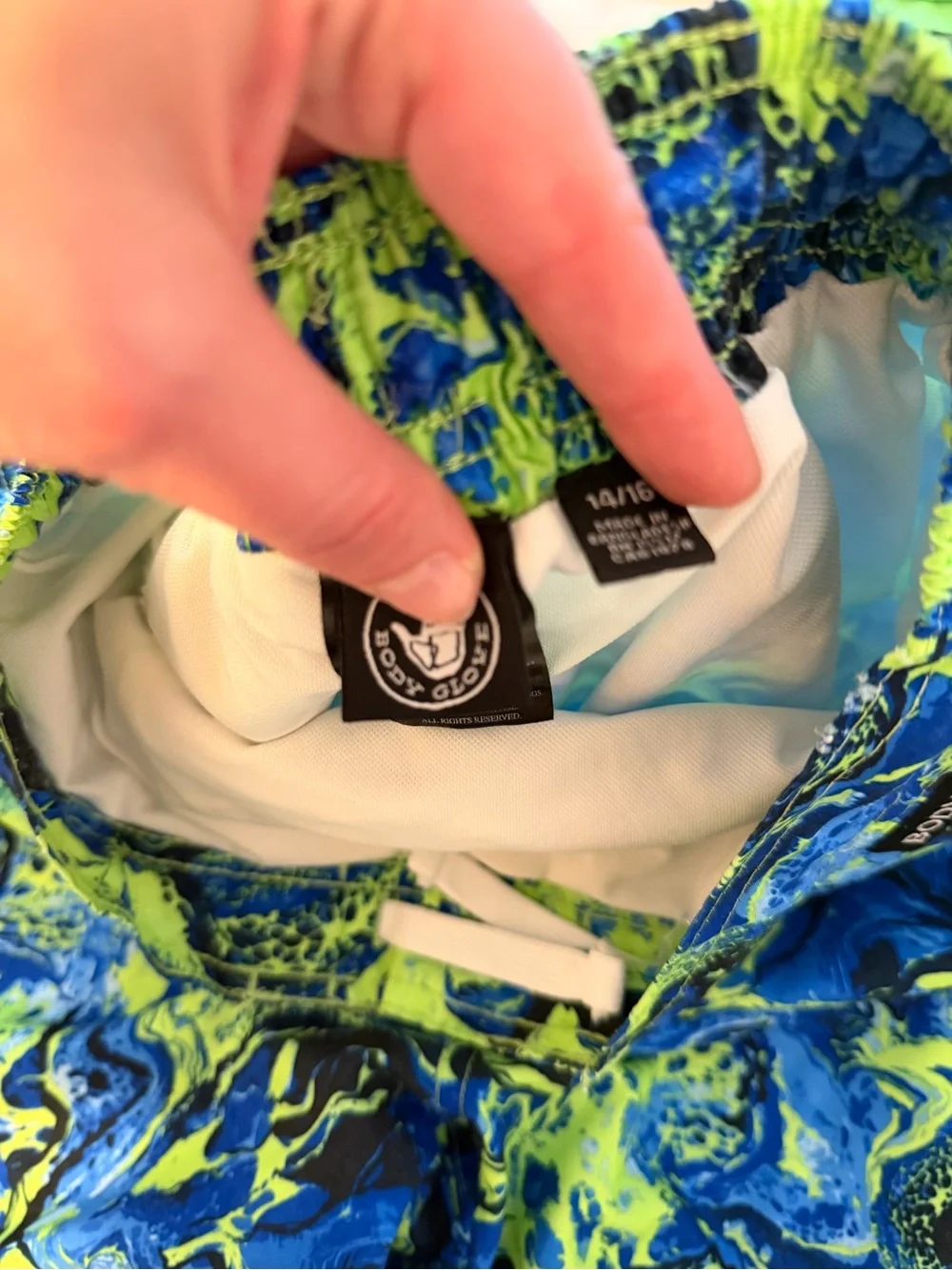 Ralph Lauren Neon Green Swim Shorts with Blue and Navy Patterned Trunks bodyglov